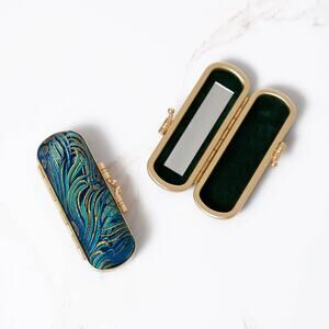 Peacock Pattern Mirrored Lipstick Case | Blue/Gold